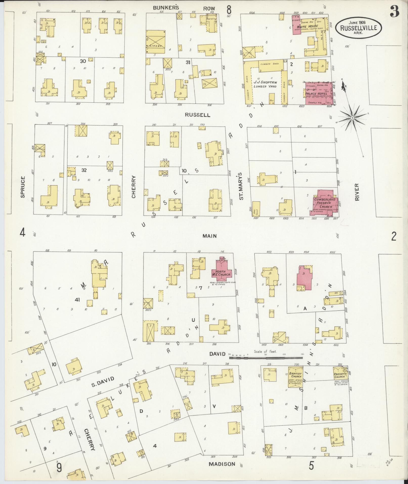 Sanborn Fire Insurance Map from Russellville, Pope County, Arkansas (1908), Sheet #0003 - Complete Map Set gallery image, historic Sanborn map, vintage wall art, Arkansas Arkansas
