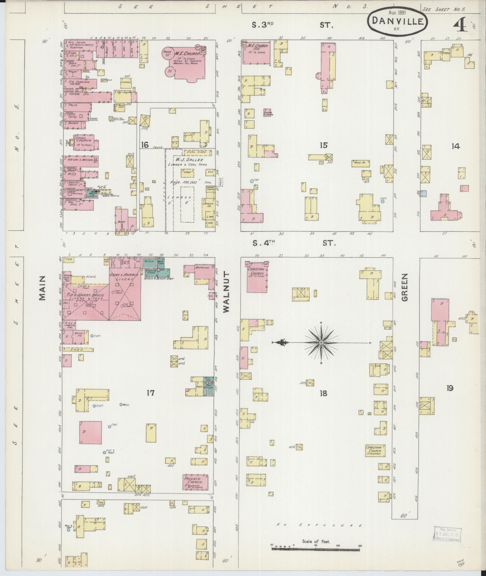 Sanborn Fire Insurance Map from Danville, Boyle County, Kentucky (1891), Sheet #0004 - Complete Map Set gallery image, historic Sanborn map, vintage wall art, Kentucky Kentucky