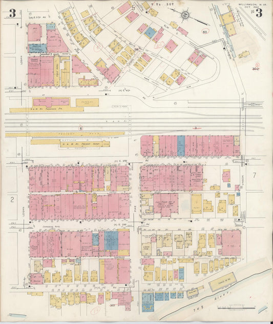 Sanborn Fire Insurance Map from Williamson, Mingo County, West Virginia (1943), Sheet #0003 - Historic Sanborn Fire Insurance Map Print, vintage old map wall art, antique decor, genealogy gift, West Virginia West Virginia map