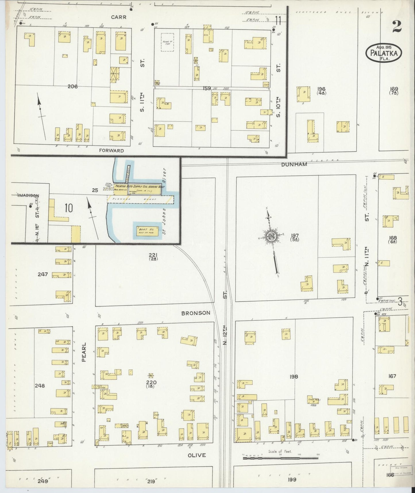Sanborn Fire Insurance Map from Palatka, Putnam County, Florida (1915), Sheet #0002 - Complete Map Set gallery image, historic Sanborn map, vintage wall art, Florida Florida
