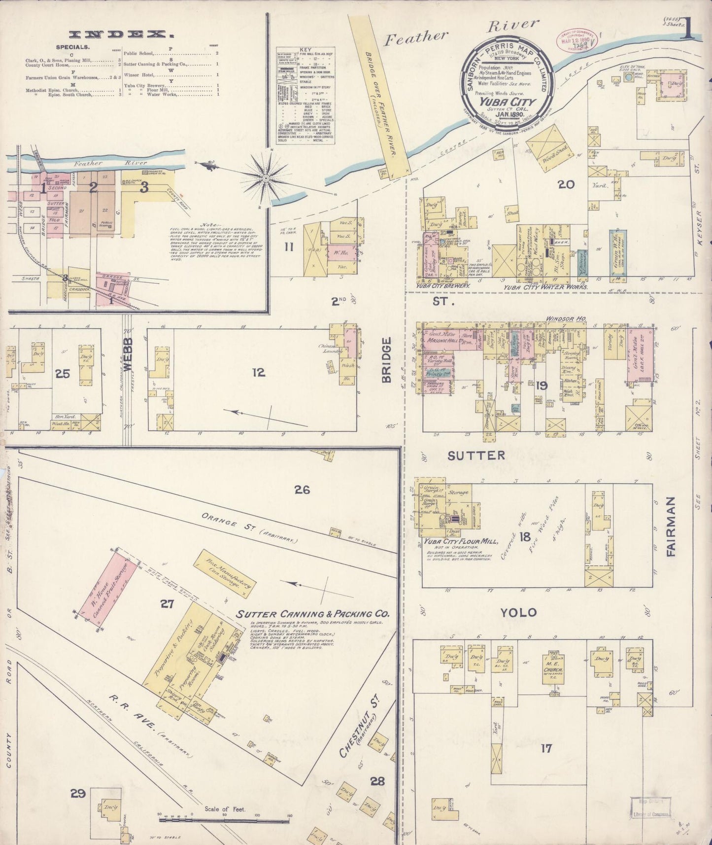 Sanborn Fire Insurance Map from Yuba City, Sutter County, California (1890), Sheet #0001 - Complete Map Set gallery image, historic Sanborn map, vintage wall art, California California
