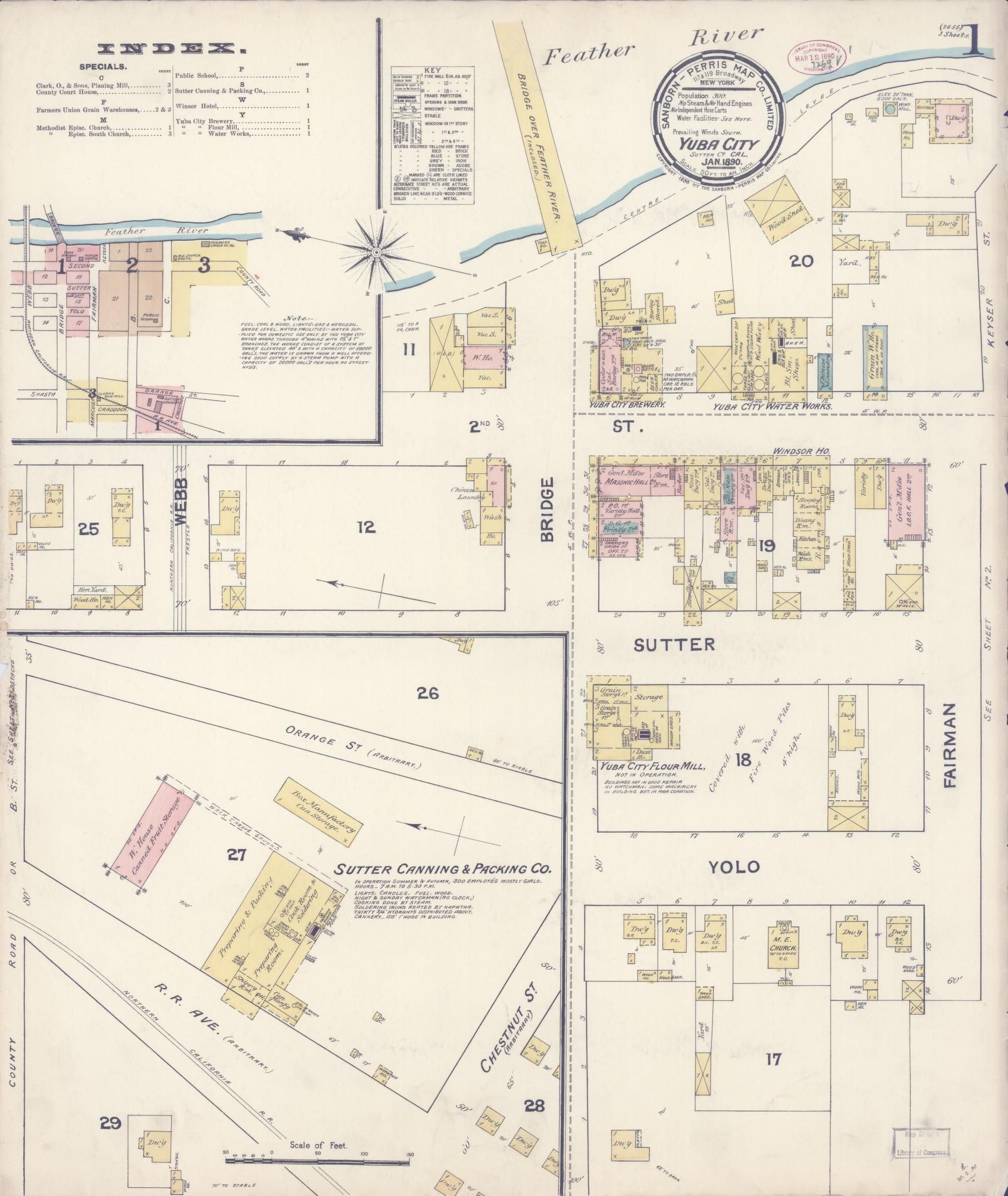 Sanborn Fire Insurance Map from Yuba City, Sutter County, California (1890), Sheet #0001 - Complete Map Set gallery image, historic Sanborn map, vintage wall art, California California