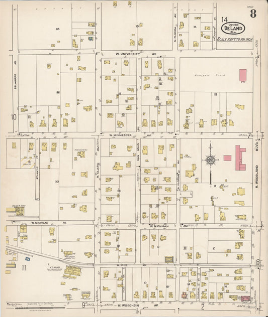 Sanborn Fire Insurance Map from De Land, Volusia County, Florida (1921), Sheet #0008 - Historic Sanborn Fire Insurance Map Print, vintage old map wall art, antique decor, genealogy gift, Florida Florida map
