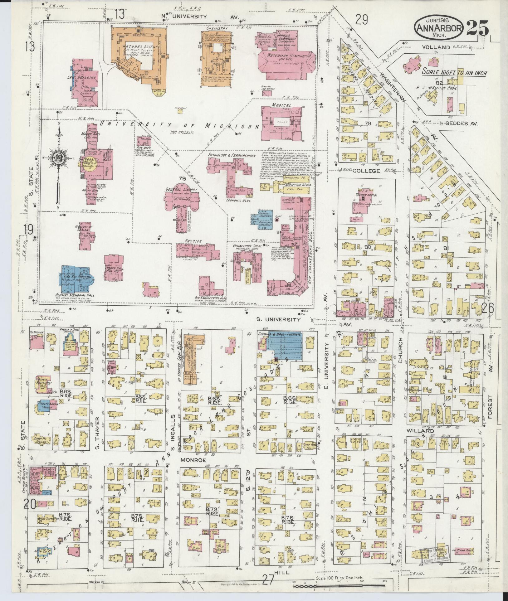 Sanborn Fire Insurance Map from Ann Arbor, Washtenaw County, Michigan (1916), Sheet #0025 - Historic Sanborn Fire Insurance Map Print, vintage old map wall art, antique decor, genealogy gift, Michigan Michigan map