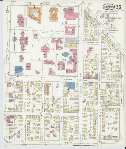 Sanborn Fire Insurance Map from Ann Arbor, Washtenaw County, Michigan (1916), Sheet #0025 - Historic Sanborn Fire Insurance Map Print, vintage old map wall art, antique decor, genealogy gift, Michigan Michigan map