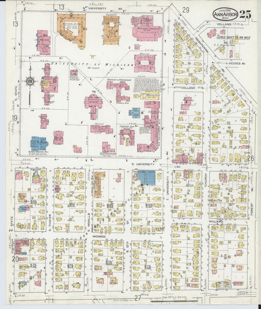 Sanborn Fire Insurance Map from Ann Arbor, Washtenaw County, Michigan (1916), Sheet #0025 - Historic Sanborn Fire Insurance Map Print, vintage old map wall art, antique decor, genealogy gift, Michigan Michigan map