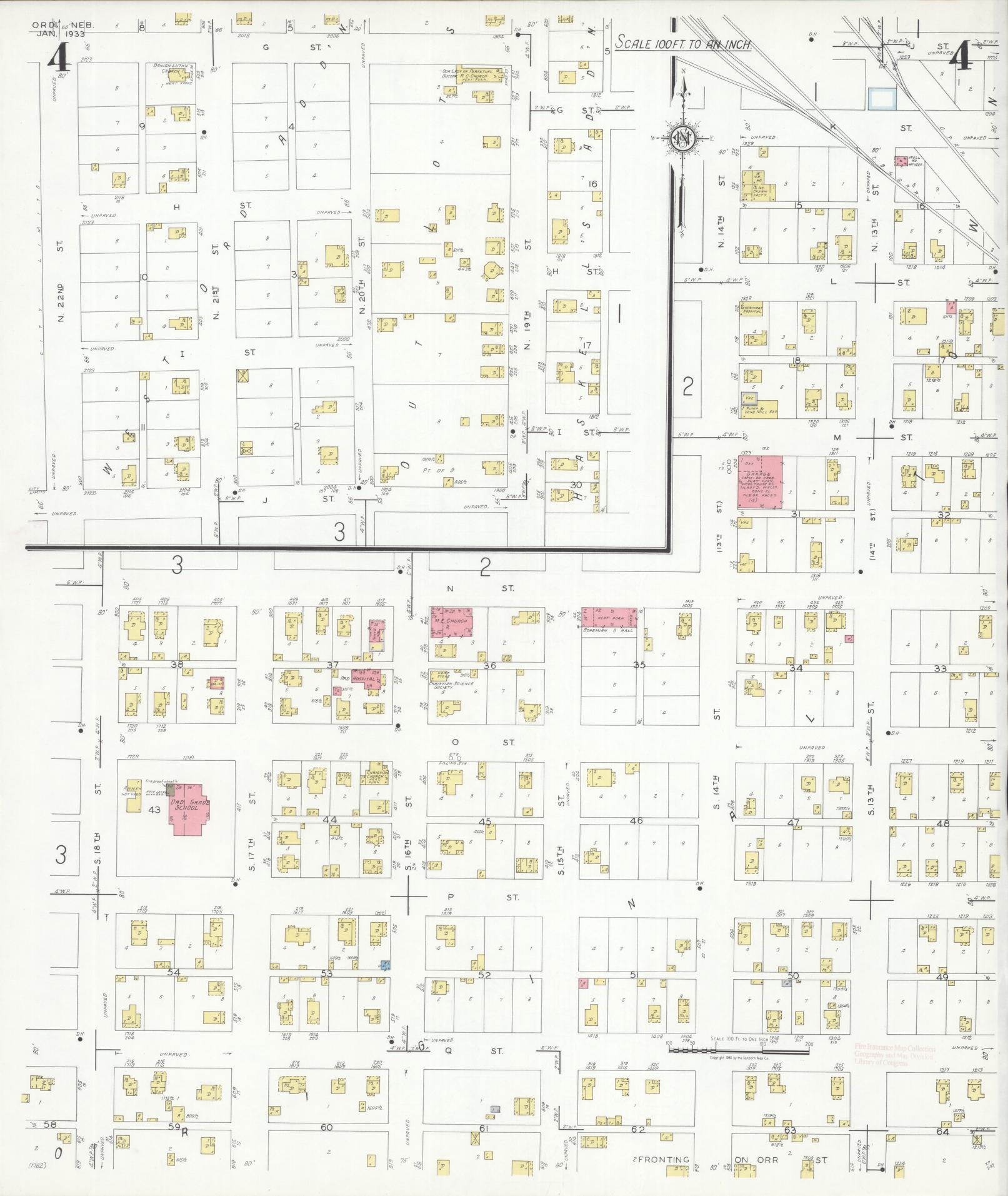 Sanborn Fire Insurance Map from Ord, Valley County, Nebraska (1933), Sheet #0004 - Historic Sanborn Fire Insurance Map Print, vintage old map wall art, antique decor, genealogy gift, Nebraska Nebraska map