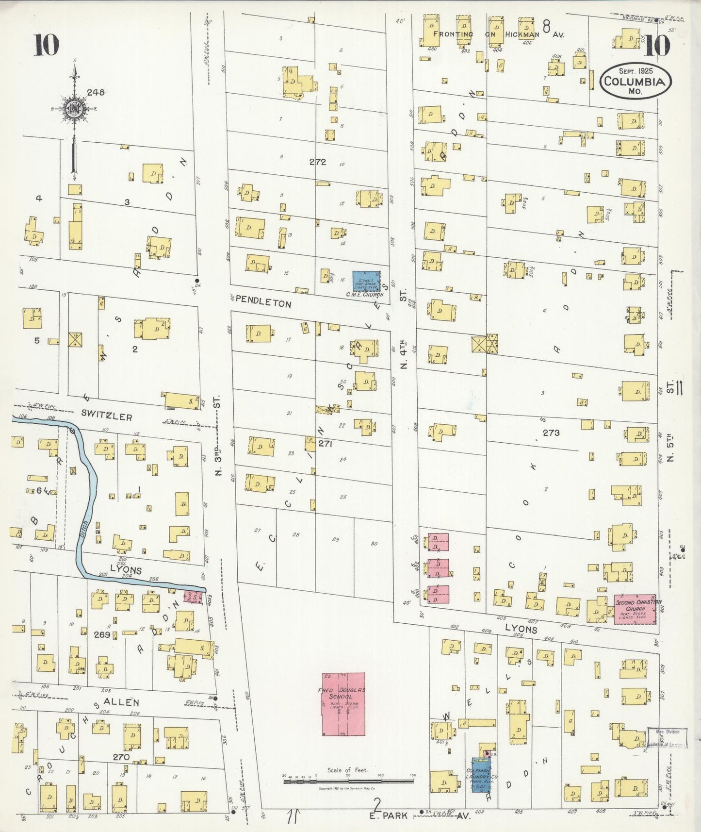 Sanborn Fire Insurance Map from Columbia, Boone County, Missouri (1925), Sheet #0010 - Complete Map Set gallery image, historic Sanborn map, vintage wall art, Missouri Missouri