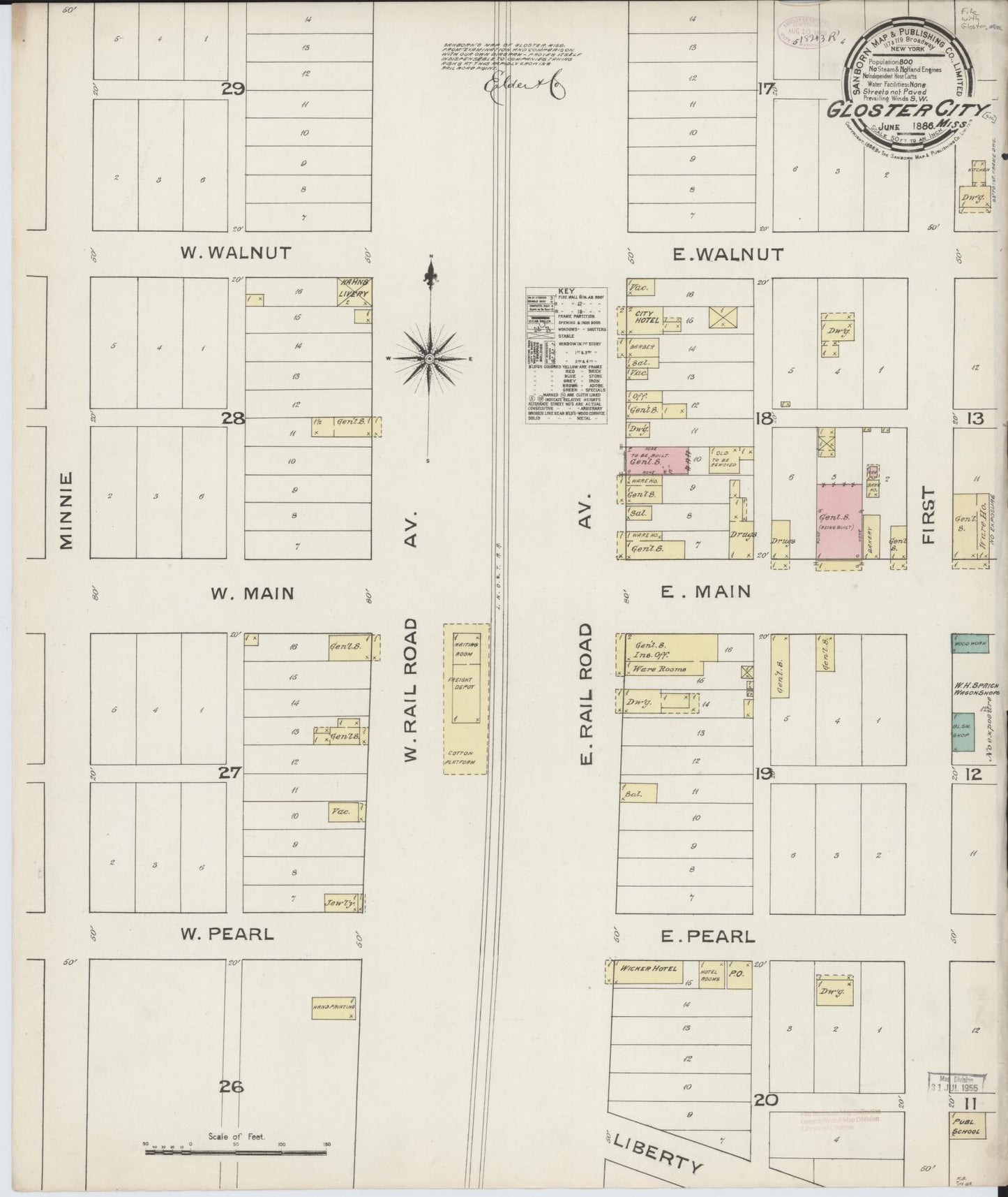 Sanborn Fire Insurance Map from Gloster, Amite County, Mississippi (1886), Sheet #0001 - Historic Sanborn Fire Insurance Map Print, vintage old map wall art, antique decor, genealogy gift, Mississippi Mississippi map