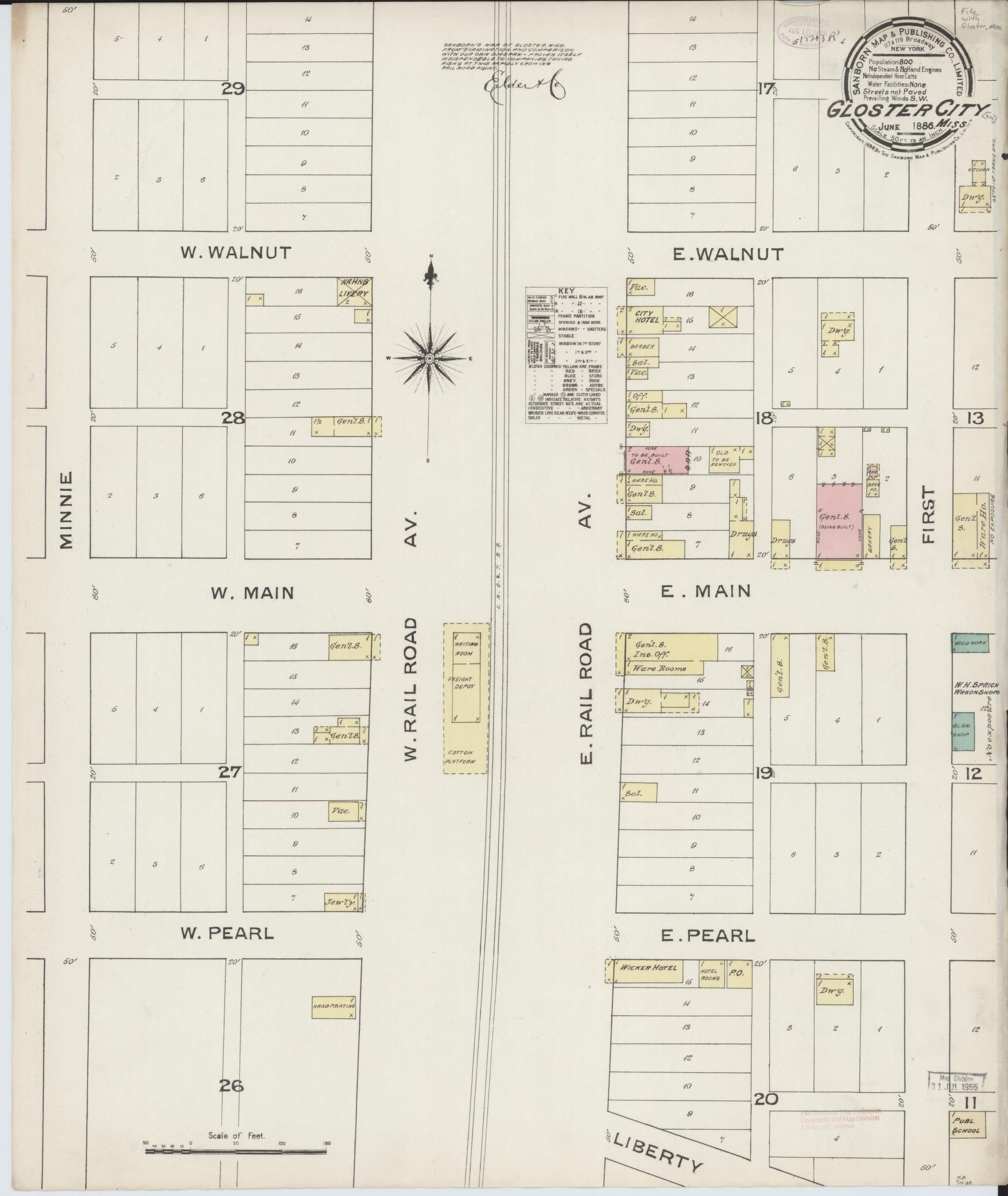 Sanborn Fire Insurance Map from Gloster, Amite County, Mississippi (1886), Sheet #0001 - Historic Sanborn Fire Insurance Map Print, vintage old map wall art, antique decor, genealogy gift, Mississippi Mississippi map