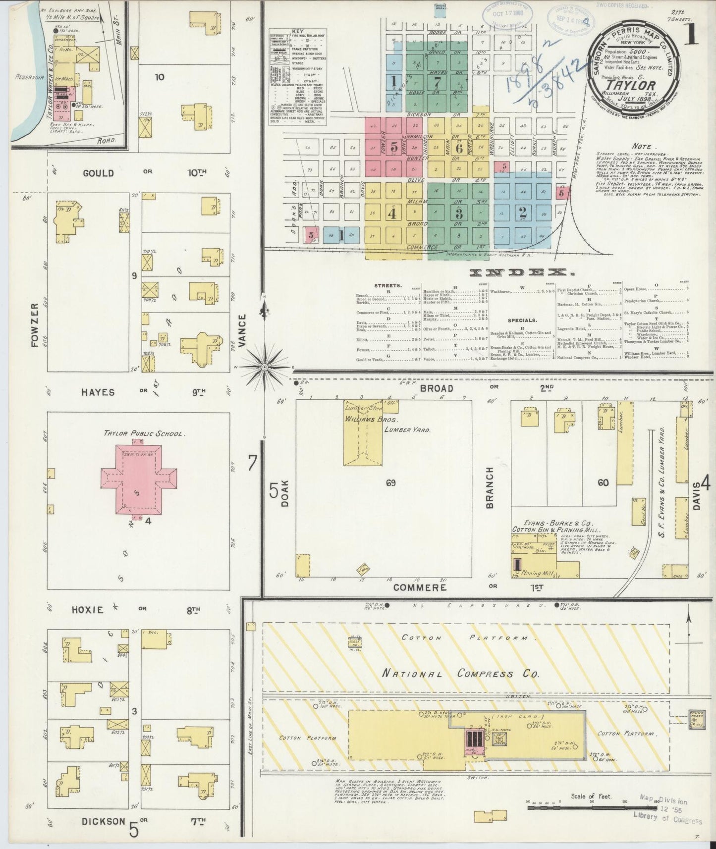 Sanborn Fire Insurance Map from Taylor, Williamson County, Texas (1898), Sheet #0001 - Historic Sanborn Fire Insurance Map Print, vintage old map wall art, antique decor, genealogy gift, Texas Texas map