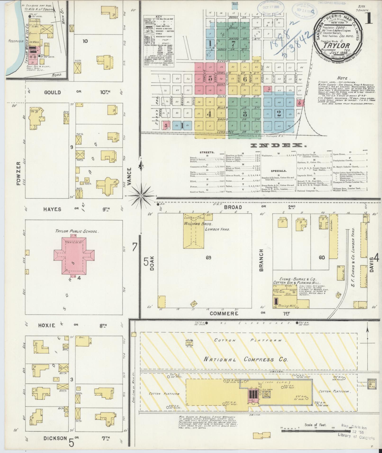 Sanborn Fire Insurance Map from Taylor, Williamson County, Texas (1898), Sheet #0001 - Historic Sanborn Fire Insurance Map Print, vintage old map wall art, antique decor, genealogy gift, Texas Texas map