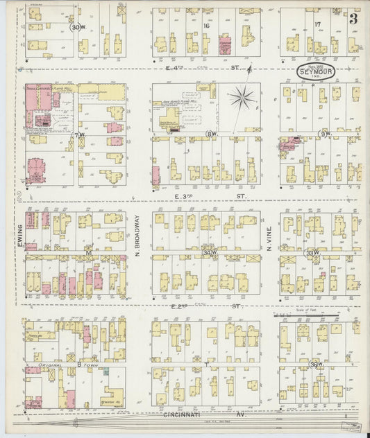 Sanborn Fire Insurance Map from Seymour, Jackson County, Indiana (1892), Sheet #0003 - Historic Sanborn Fire Insurance Map Print, vintage old map wall art, antique decor, genealogy gift, Indiana Indiana map