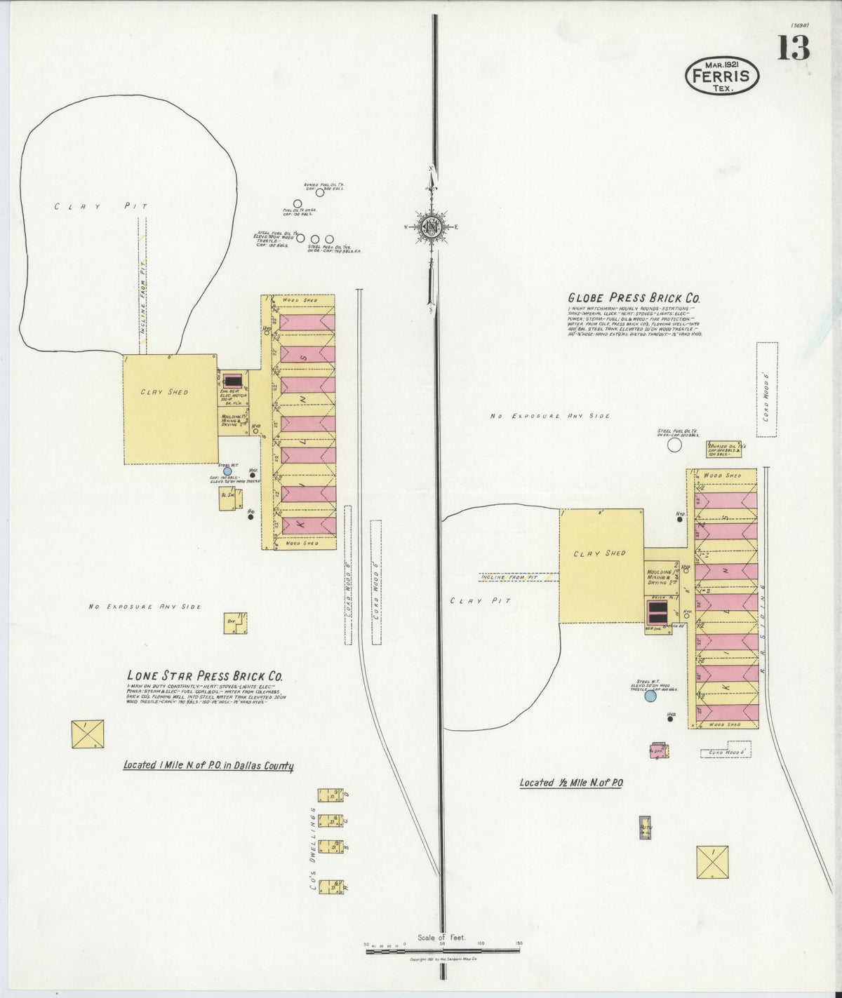 Sanborn Fire Insurance Map from Ferris, Ellis County, Texas (1921), Sheet #0013 - Historic Sanborn Fire Insurance Map Print, vintage old map wall art, antique decor, genealogy gift, Texas Texas map