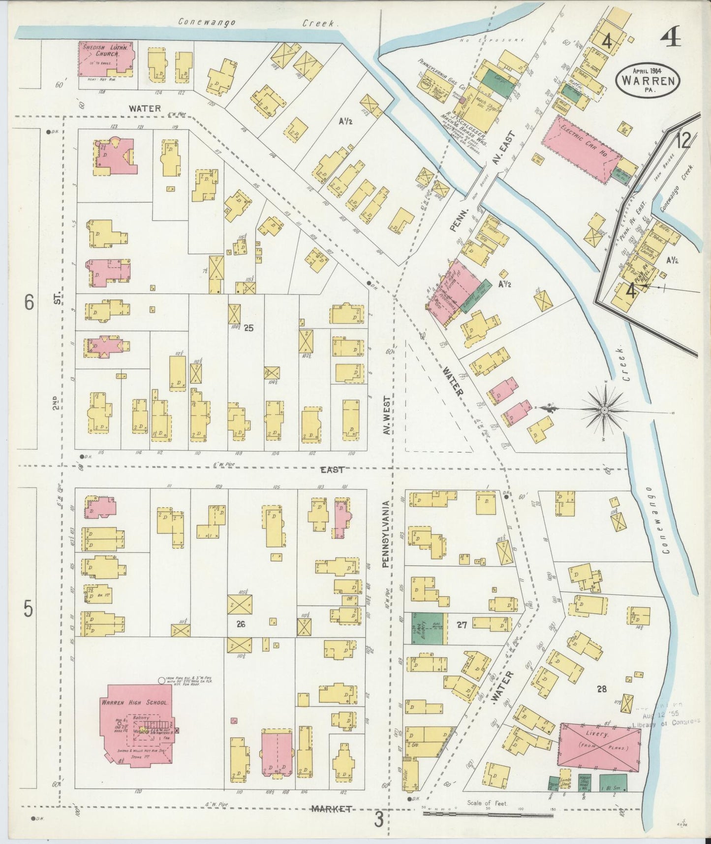 Sanborn Fire Insurance Map from Warren, Warren County, Pennsylvania (1904), Sheet #0004 - Historic Sanborn Fire Insurance Map Print, vintage old map wall art, antique decor, genealogy gift, Pennsylvania Pennsylvania map