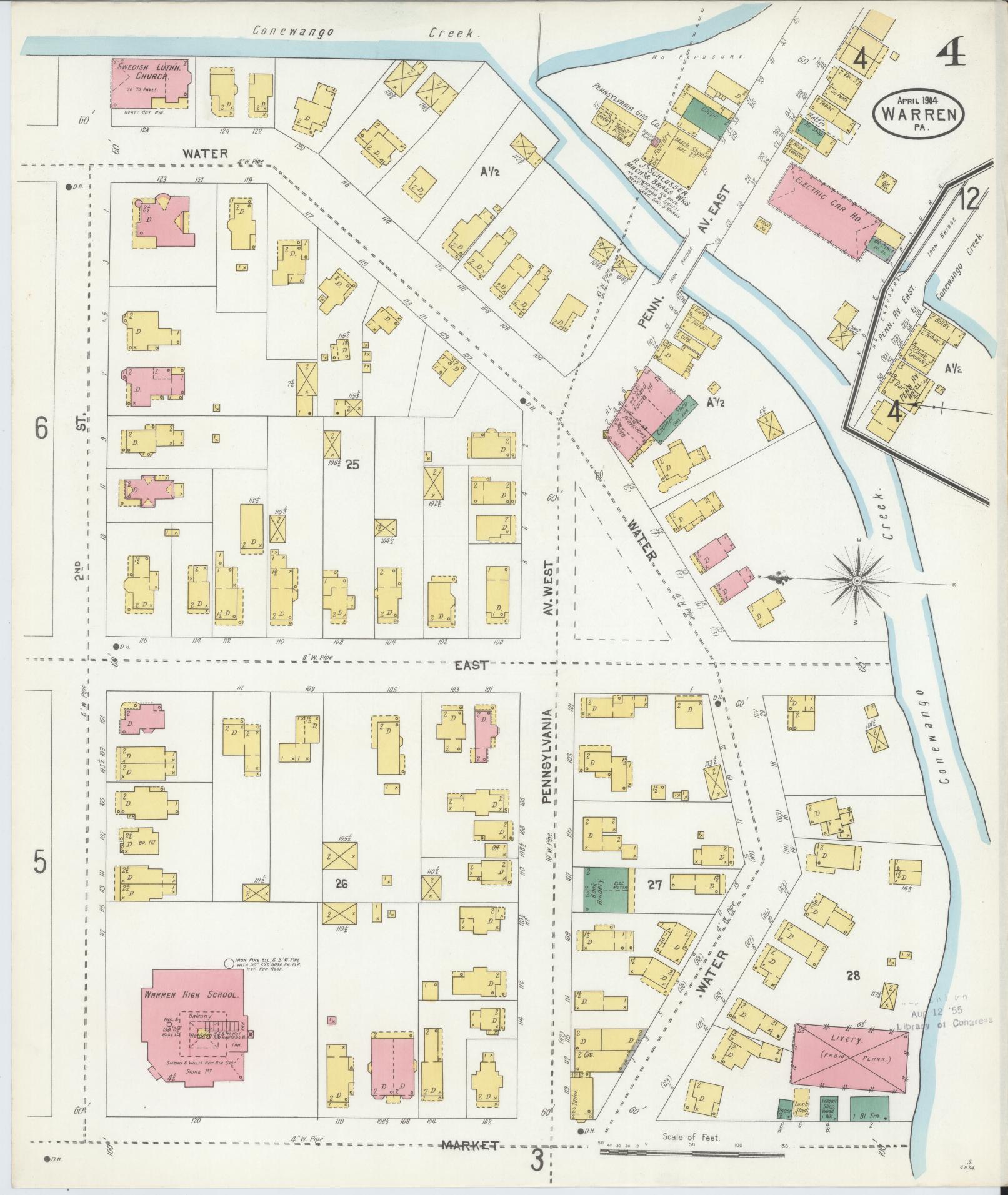 Sanborn Fire Insurance Map from Warren, Warren County, Pennsylvania (1904), Sheet #0004 - Historic Sanborn Fire Insurance Map Print, vintage old map wall art, antique decor, genealogy gift, Pennsylvania Pennsylvania map