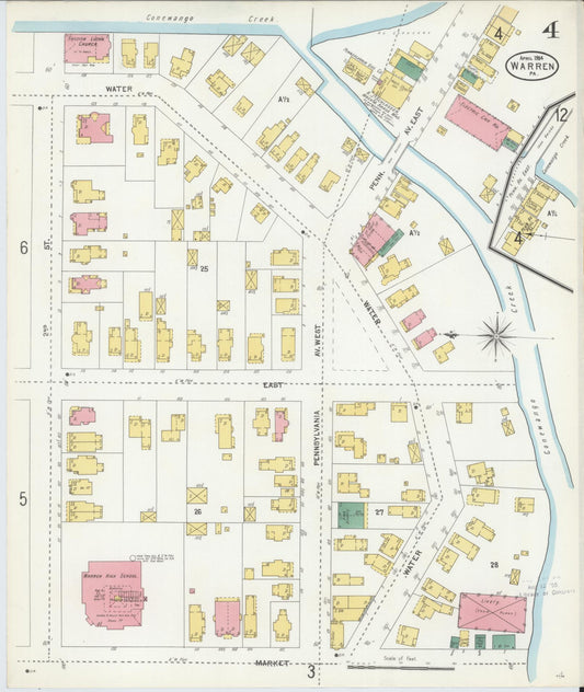 Sanborn Fire Insurance Map from Warren, Warren County, Pennsylvania (1904), Sheet #0004 - Historic Sanborn Fire Insurance Map Print, vintage old map wall art, antique decor, genealogy gift, Pennsylvania Pennsylvania map