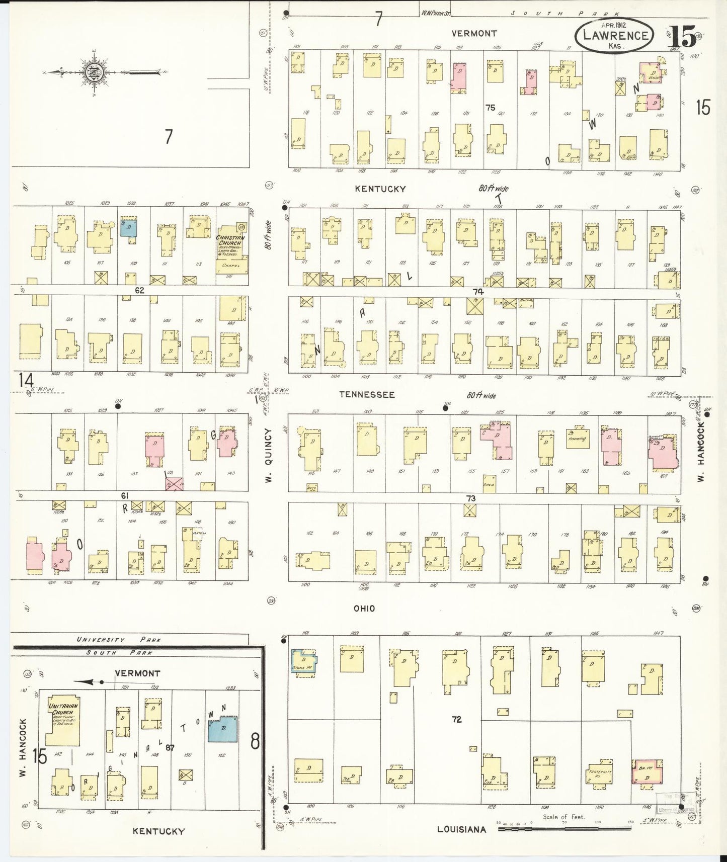 Sanborn Fire Insurance Map from Lawrence, Douglas County, Kansas (1912), Sheet #0015 - Complete Map Set gallery image, historic Sanborn map, vintage wall art, Kansas Kansas