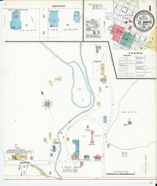 Sanborn Fire Insurance Map from Saint Marys, Pottawatomie County, Kansas (1905), Sheet #0001 - Historic Sanborn Fire Insurance Map Print, vintage old map wall art, antique decor, genealogy gift, Kansas Kansas map