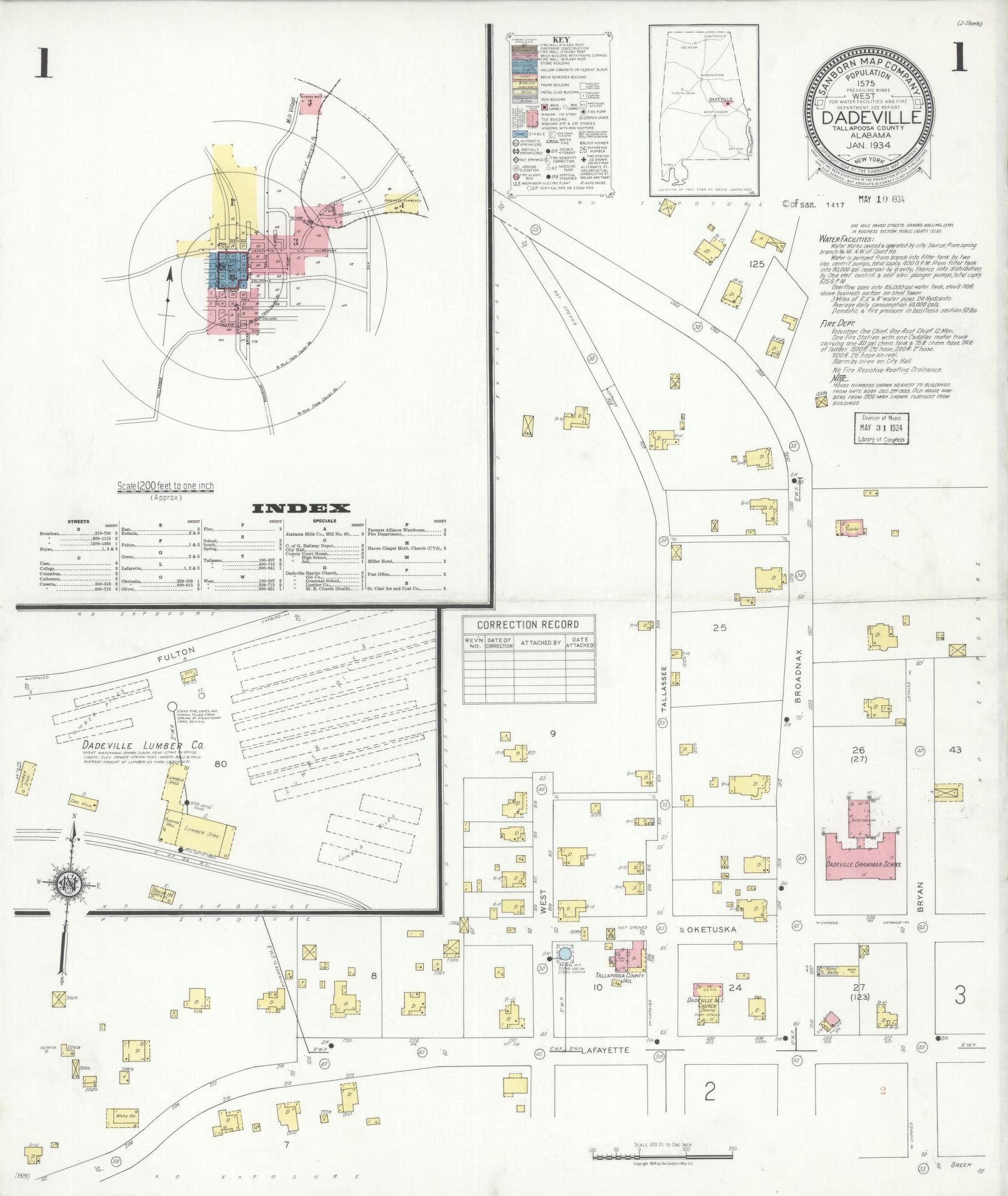 Sanborn Fire Insurance Map from Dadeville, Tallapoosa County, Alabama (1934), Sheet #0001 - Historic Sanborn Fire Insurance Map Print, vintage old map wall art, antique decor, genealogy gift, Alabama Alabama map