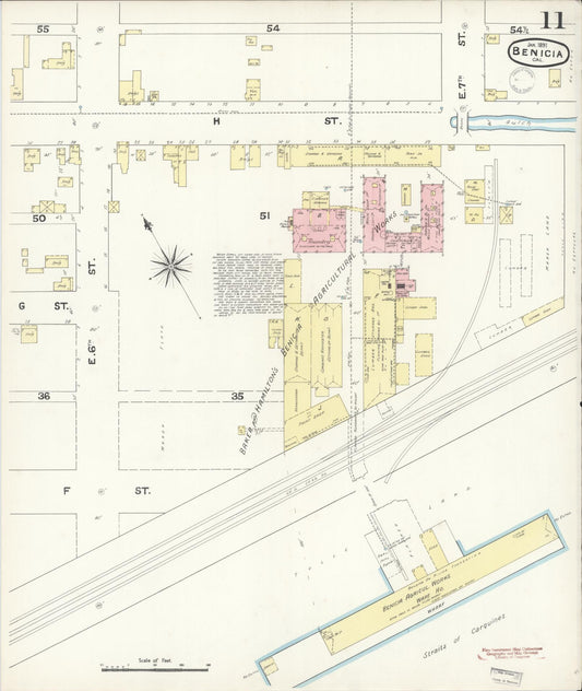 Sanborn Fire Insurance Map from Benicia, Solano County, California (1891), Sheet #0011 - Historic Sanborn Fire Insurance Map Print, vintage old map wall art, antique decor, genealogy gift, California California map