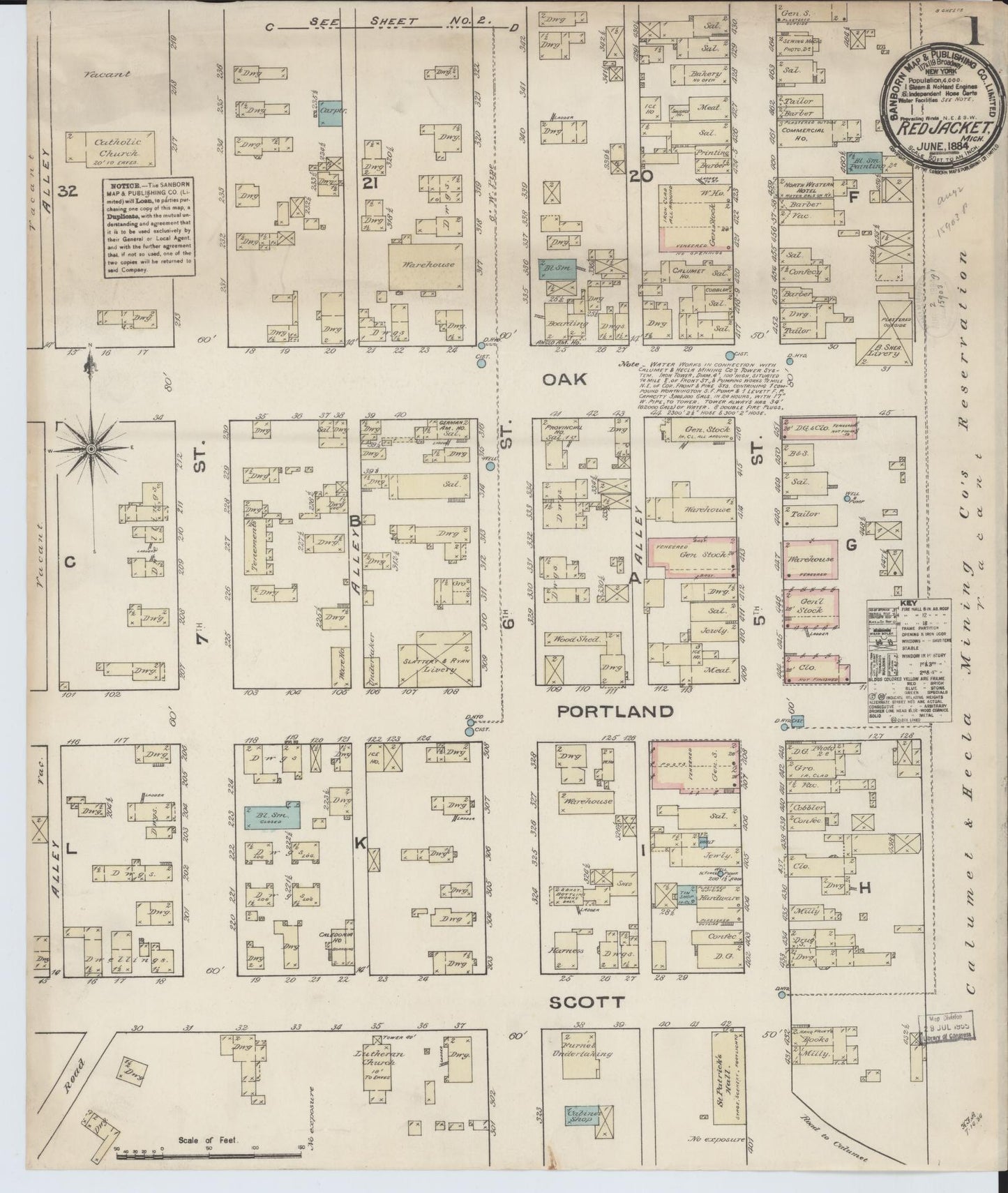 Sanborn Fire Insurance Map from Red Jacket, Houghton County, Michigan (1884), Sheet #0001 - Historic Sanborn Fire Insurance Map Print, vintage old map wall art, antique decor, genealogy gift, Michigan Michigan map