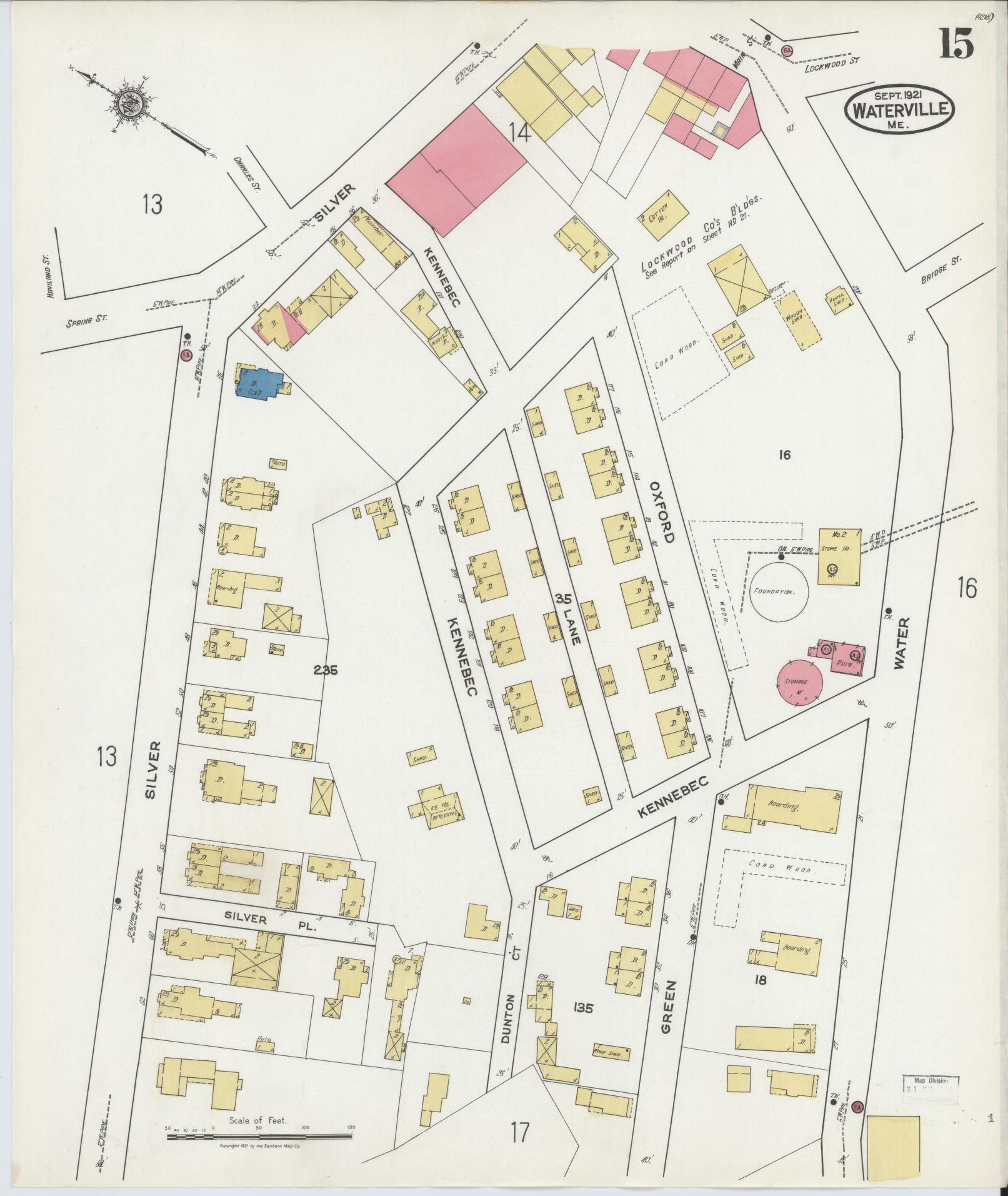 Sanborn Fire Insurance Map from Waterville, Kennebec County, Maine (1921), Sheet #0015 - Complete Map Set gallery image, historic Sanborn map, vintage wall art, Maine Maine