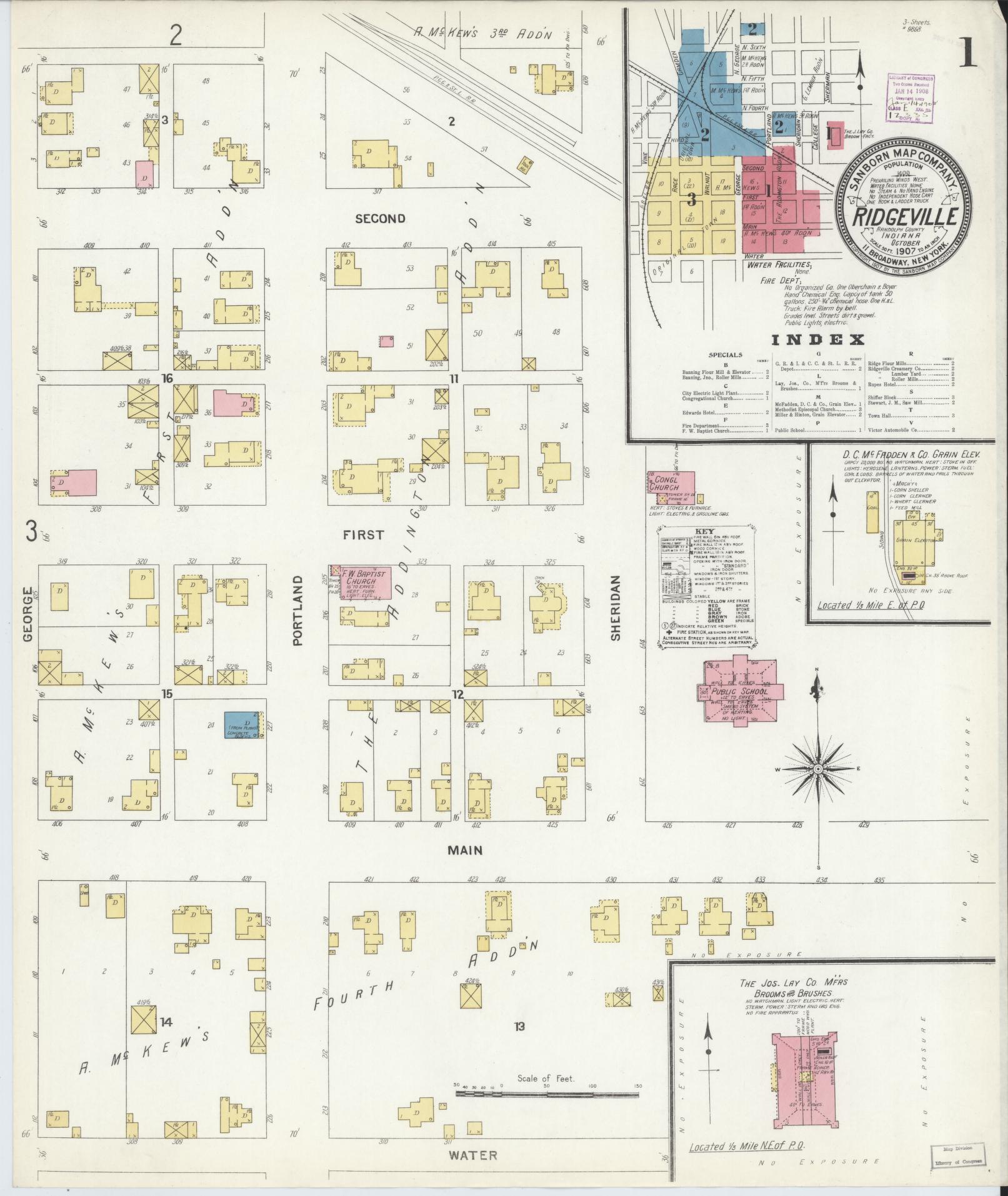 Sanborn Fire Insurance Map from Ridgeville, Randolph County, Indiana (1907), Sheet #0001 - Complete Map Set gallery image, historic Sanborn map, vintage wall art, Indiana Indiana
