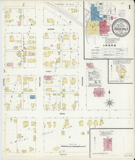 Sanborn Fire Insurance Map from Ridgeville, Randolph County, Indiana (1907), Sheet #0001 - Complete Map Set gallery image, historic Sanborn map, vintage wall art, Indiana Indiana