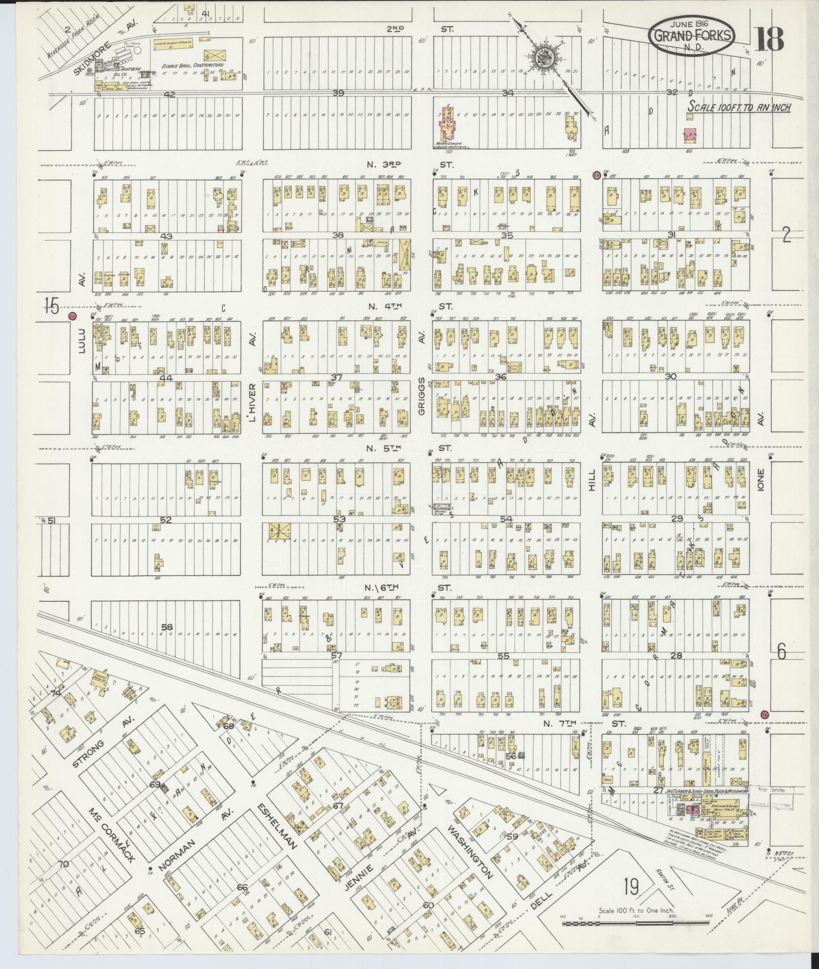 Sanborn Fire Insurance Map from Grand Forks, Grand Forks County, North Dakota (1916), Sheet #0018 - Historic Sanborn Fire Insurance Map Print, vintage old map wall art, antique decor, genealogy gift, North Dakota North Dakota map