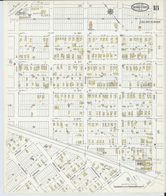 Sanborn Fire Insurance Map from Grand Forks, Grand Forks County, North Dakota (1916), Sheet #0018 - Historic Sanborn Fire Insurance Map Print, vintage old map wall art, antique decor, genealogy gift, North Dakota North Dakota map