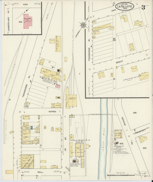 Sanborn Fire Insurance Map from La Follette, Campbell County, Tennessee (1913), Sheet #0003 - Historic Sanborn Fire Insurance Map Print, vintage old map wall art, antique decor, genealogy gift, Tennessee Tennessee map