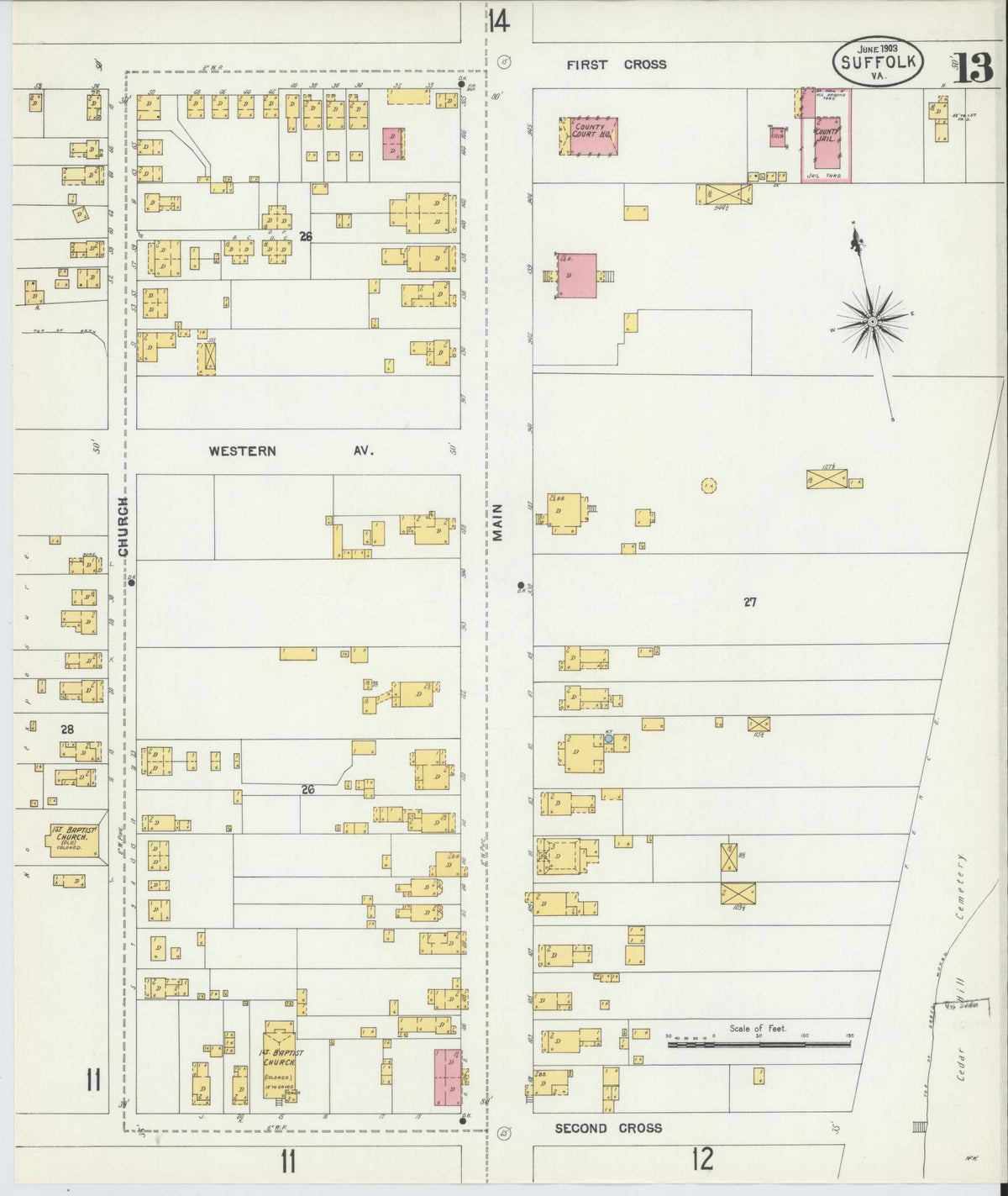 Sanborn Fire Insurance Map from Suffolk, Independent Cities, Virginia (1903), Sheet #0013 - Historic Sanborn Fire Insurance Map Print, vintage old map wall art, antique decor, genealogy gift, Virginia Virginia map