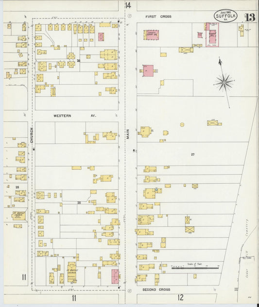 Sanborn Fire Insurance Map from Suffolk, Independent Cities, Virginia (1903), Sheet #0013 - Historic Sanborn Fire Insurance Map Print, vintage old map wall art, antique decor, genealogy gift, Virginia Virginia map
