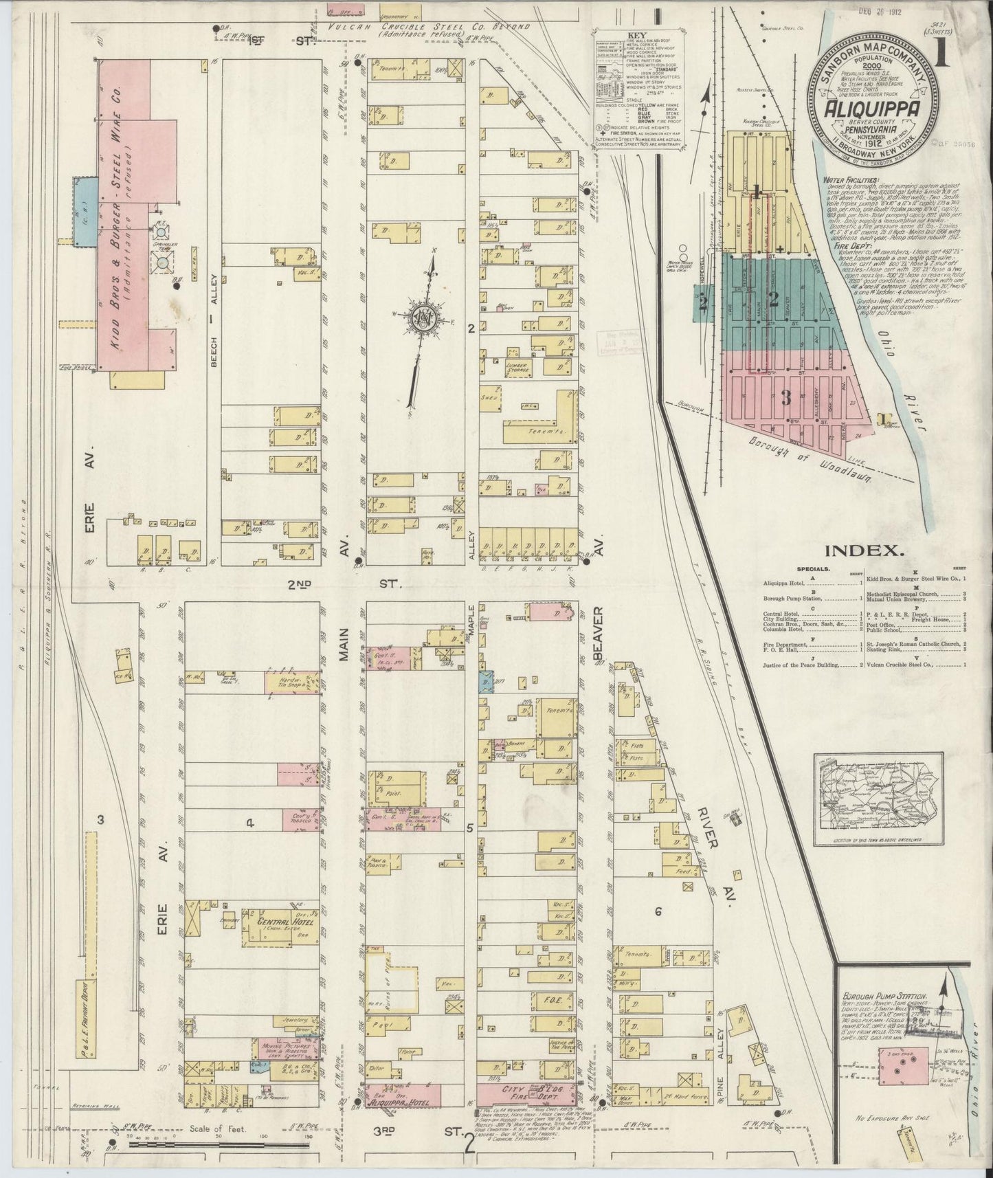 Sanborn Fire Insurance Map from Aliquippa, Beaver County, Pennsylvania (1912), Sheet #0001 - Historic Sanborn Fire Insurance Map Print, vintage old map wall art, antique decor, genealogy gift, Pennsylvania Pennsylvania map