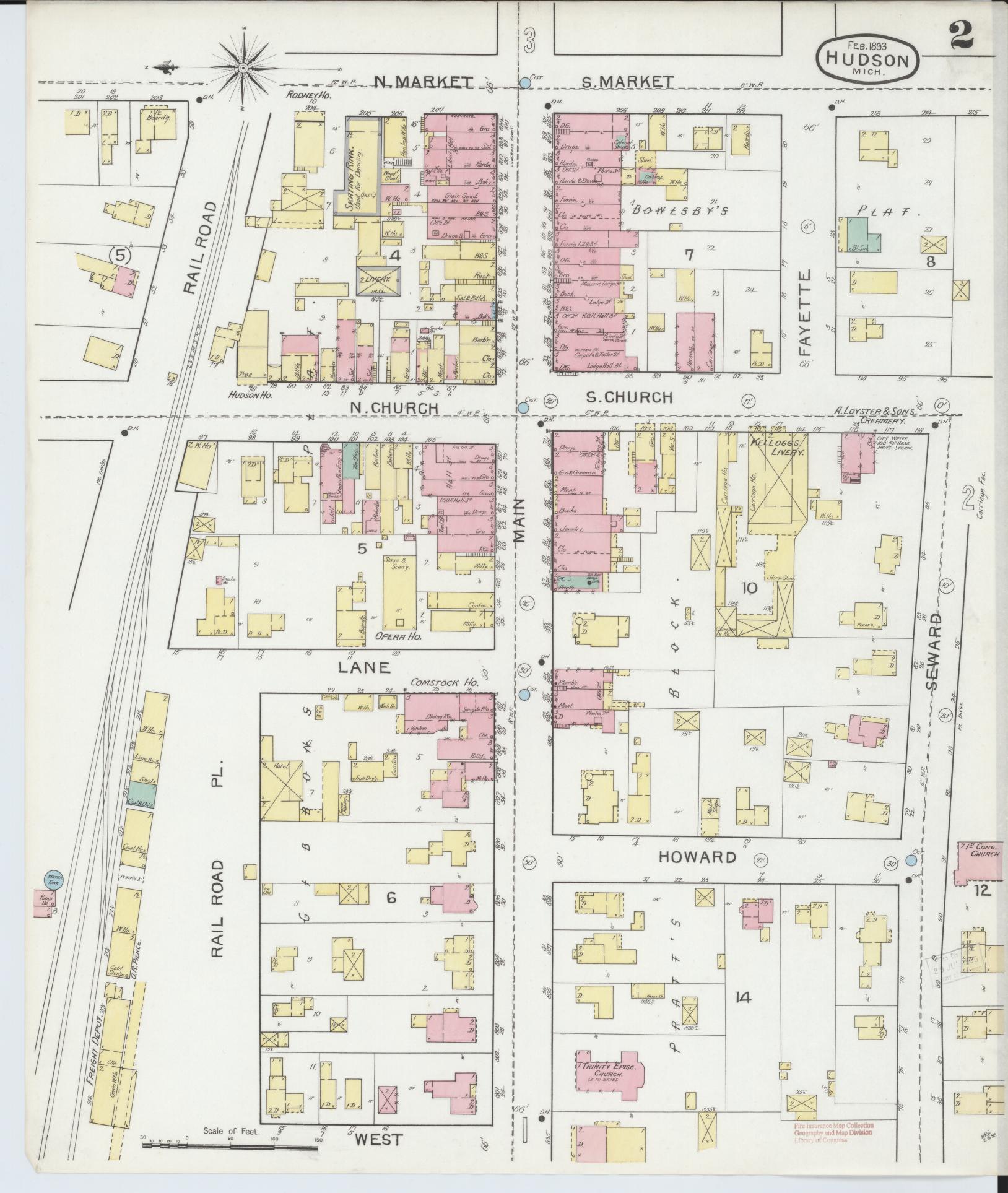 Sanborn Fire Insurance Map from Hudson, Lenawee County, Michigan (1893), Sheet #0002 - Complete Map Set gallery image, historic Sanborn map, vintage wall art, Michigan Michigan