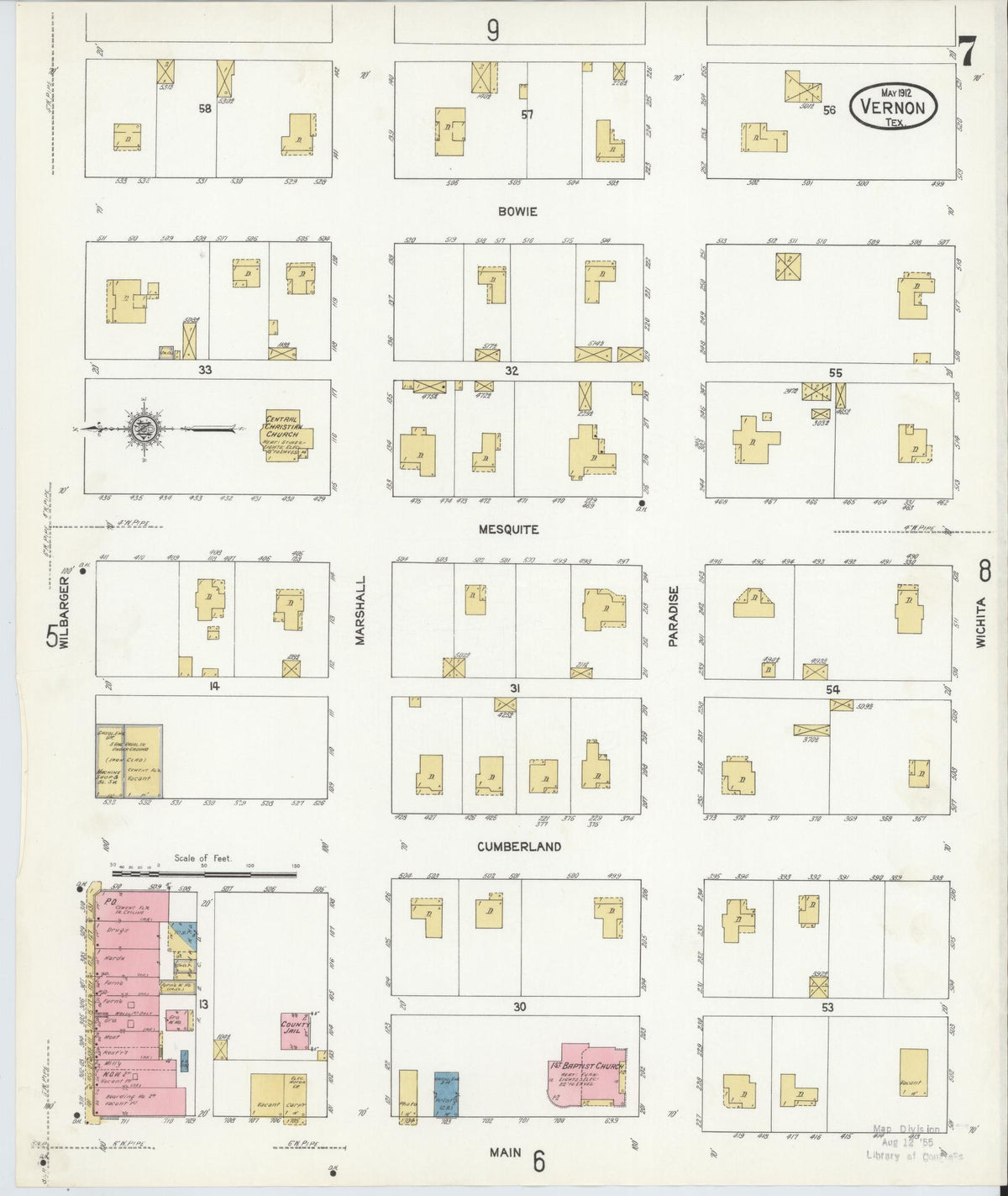 Sanborn Fire Insurance Map from Vernon, Wilbarger County, Texas (1912), Sheet #0007 - Complete Map Set gallery image, historic Sanborn map, vintage wall art, Texas Texas