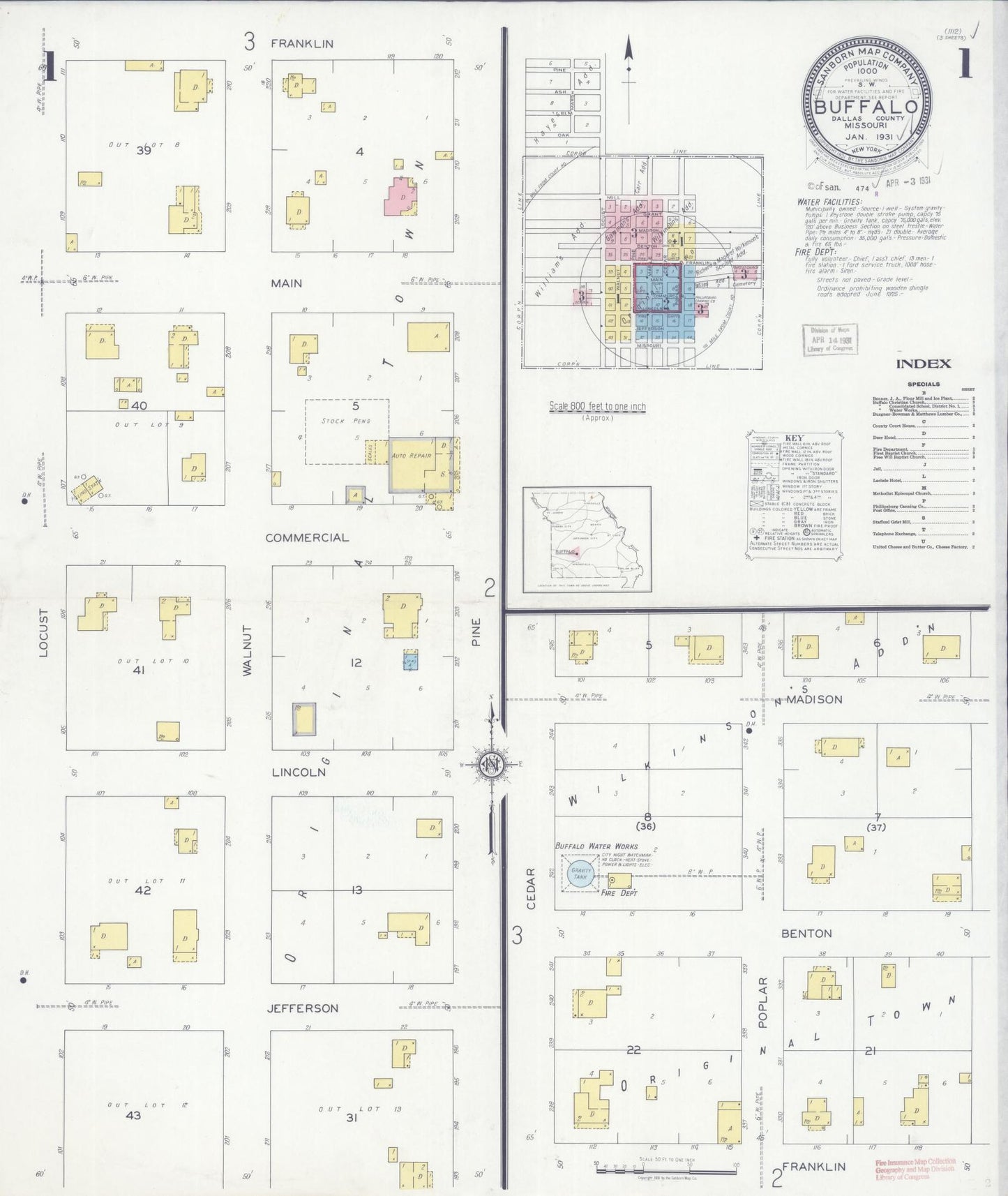 Sanborn Fire Insurance Map from Buffalo, Dallas County, Missouri (1931), Sheet #0001 - Historic Sanborn Fire Insurance Map Print, vintage old map wall art, antique decor, genealogy gift, Missouri Missouri map