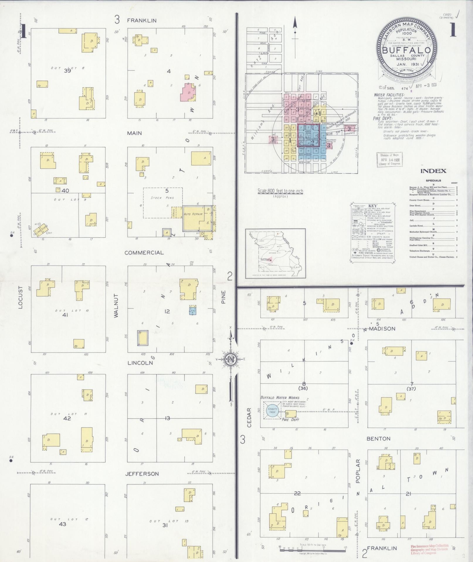 Sanborn Fire Insurance Map from Buffalo, Dallas County, Missouri (1931), Sheet #0001 - Historic Sanborn Fire Insurance Map Print, vintage old map wall art, antique decor, genealogy gift, Missouri Missouri map