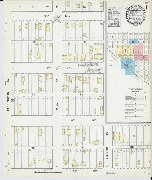 Sanborn Fire Insurance Map from Devils Lake, Ramsey County, North Dakota (1891), Sheet #0001 - Historic Sanborn Fire Insurance Map Print, vintage old map wall art, antique decor, genealogy gift, North Dakota North Dakota map