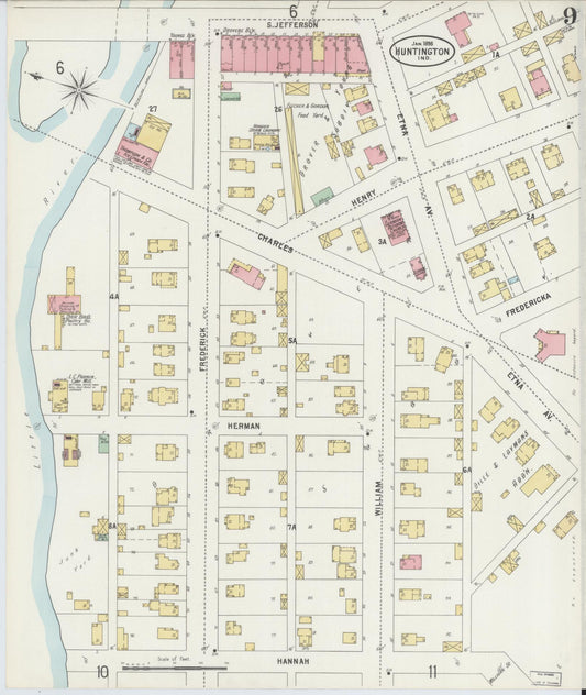 Sanborn Fire Insurance Map from Huntington, Huntington County, Indiana (1898), Sheet #0009 - Historic Sanborn Fire Insurance Map Print, vintage old map wall art, antique decor, genealogy gift, Indiana Indiana map