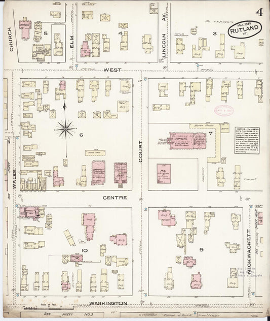 Sanborn Fire Insurance Map from Rutland, Rutland County, Vermont (1885), Sheet #0004 - Historic Sanborn Fire Insurance Map Print, vintage old map wall art, antique decor, genealogy gift, Vermont Vermont map
