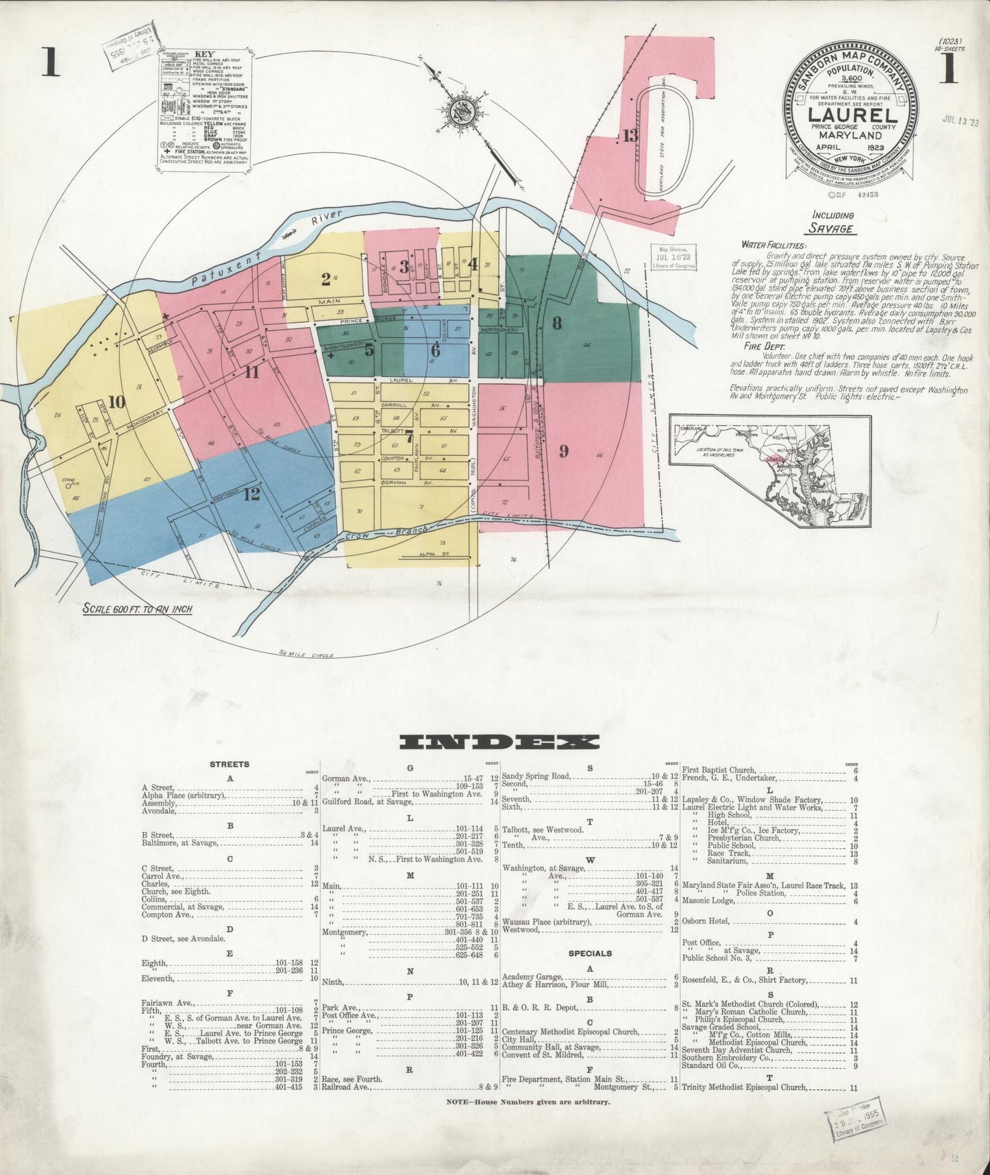 Sanborn Fire Insurance Map from Laurel, Prince Georges County, Maryland (1923), Sheet #0001 - Complete Map Set gallery image, historic Sanborn map, vintage wall art, Maryland Maryland