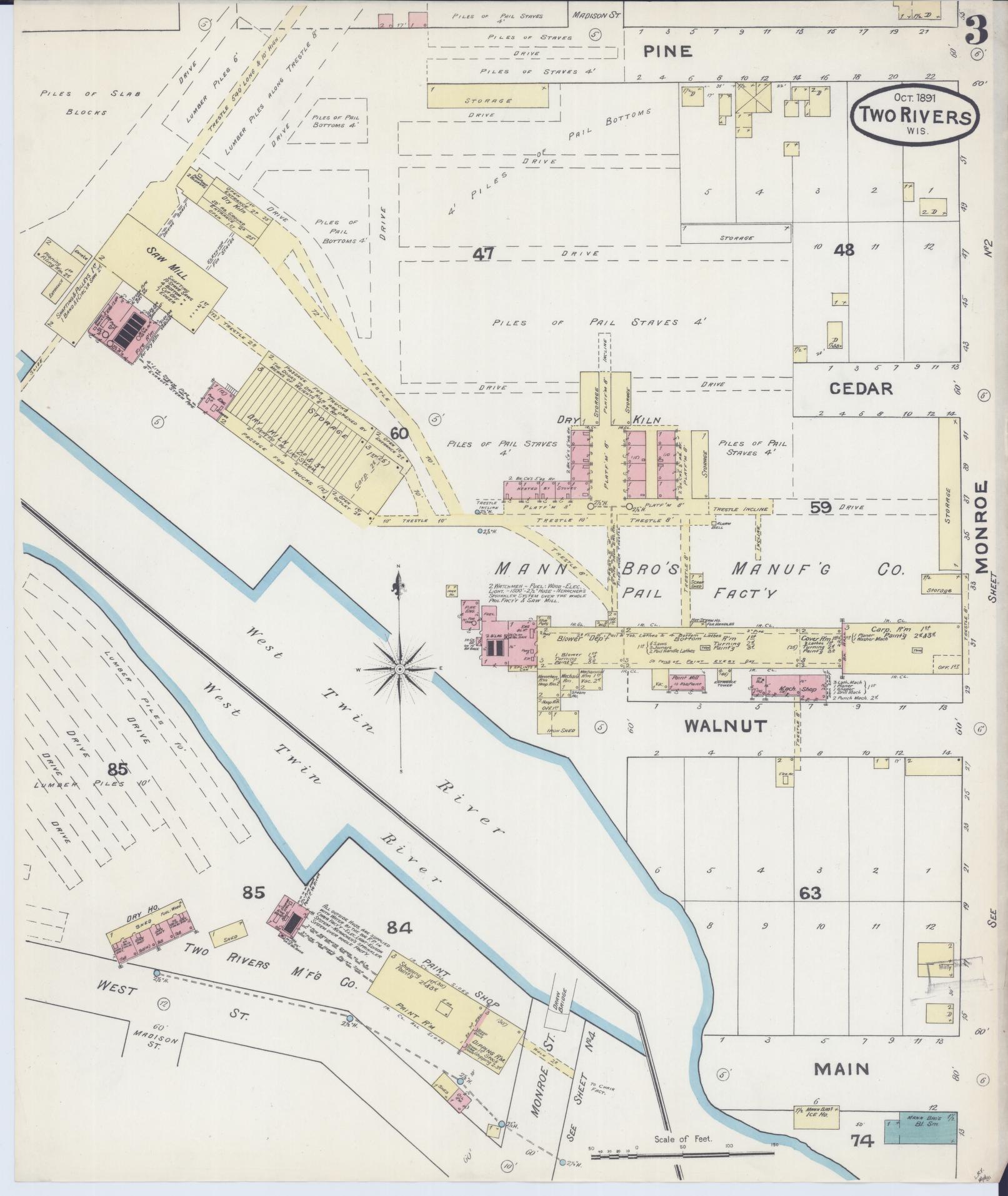 Sanborn Fire Insurance Map from Two Rivers, Manitowoc County, Wisconsin (1891), Sheet #0003 - Complete Map Set gallery image, historic Sanborn map, vintage wall art, Wisconsin Wisconsin