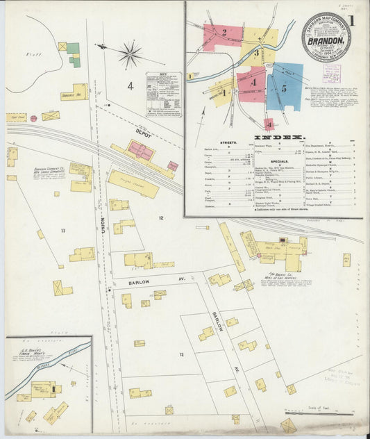 Sanborn Fire Insurance Map from Brandon, Rutland County, Vermont (1904), Sheet #0001 - Historic Sanborn Fire Insurance Map Print, vintage old map wall art, antique decor, genealogy gift, Vermont Vermont map