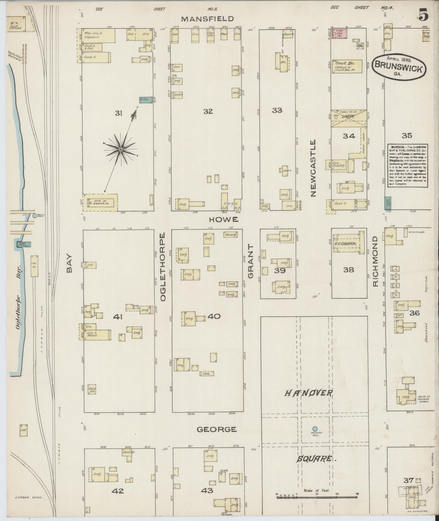 Sanborn Fire Insurance Map from Brunswick, Glynn County, Georgia (1885), Sheet #0005 - Historic Sanborn Fire Insurance Map Print, vintage old map wall art, antique decor, genealogy gift, Georgia Georgia map