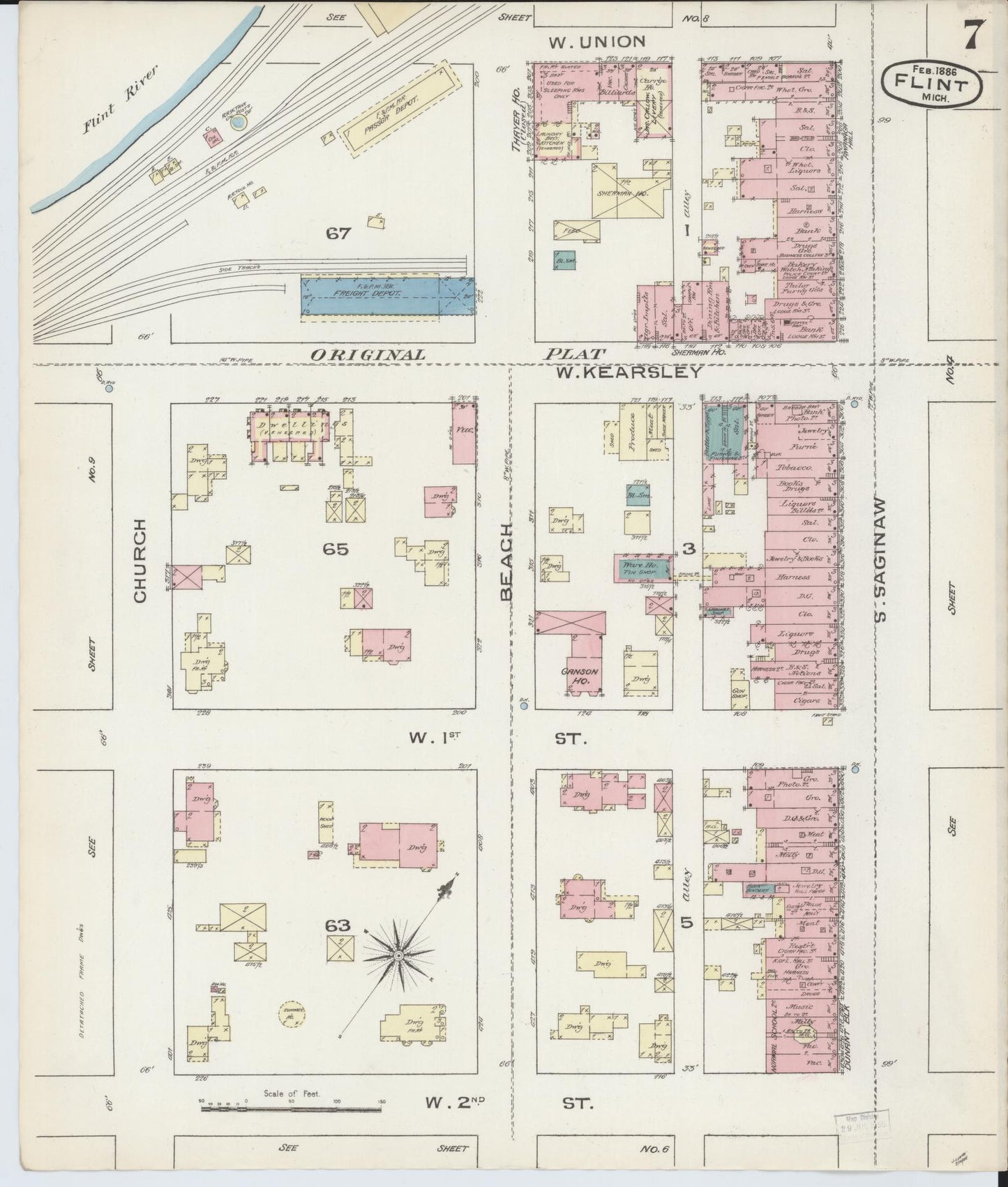 Sanborn Fire Insurance Map from Flint, Genesee County, Michigan (1886), Sheet #0007 - Historic Sanborn Fire Insurance Map Print, vintage old map wall art, antique decor, genealogy gift, Michigan Michigan map