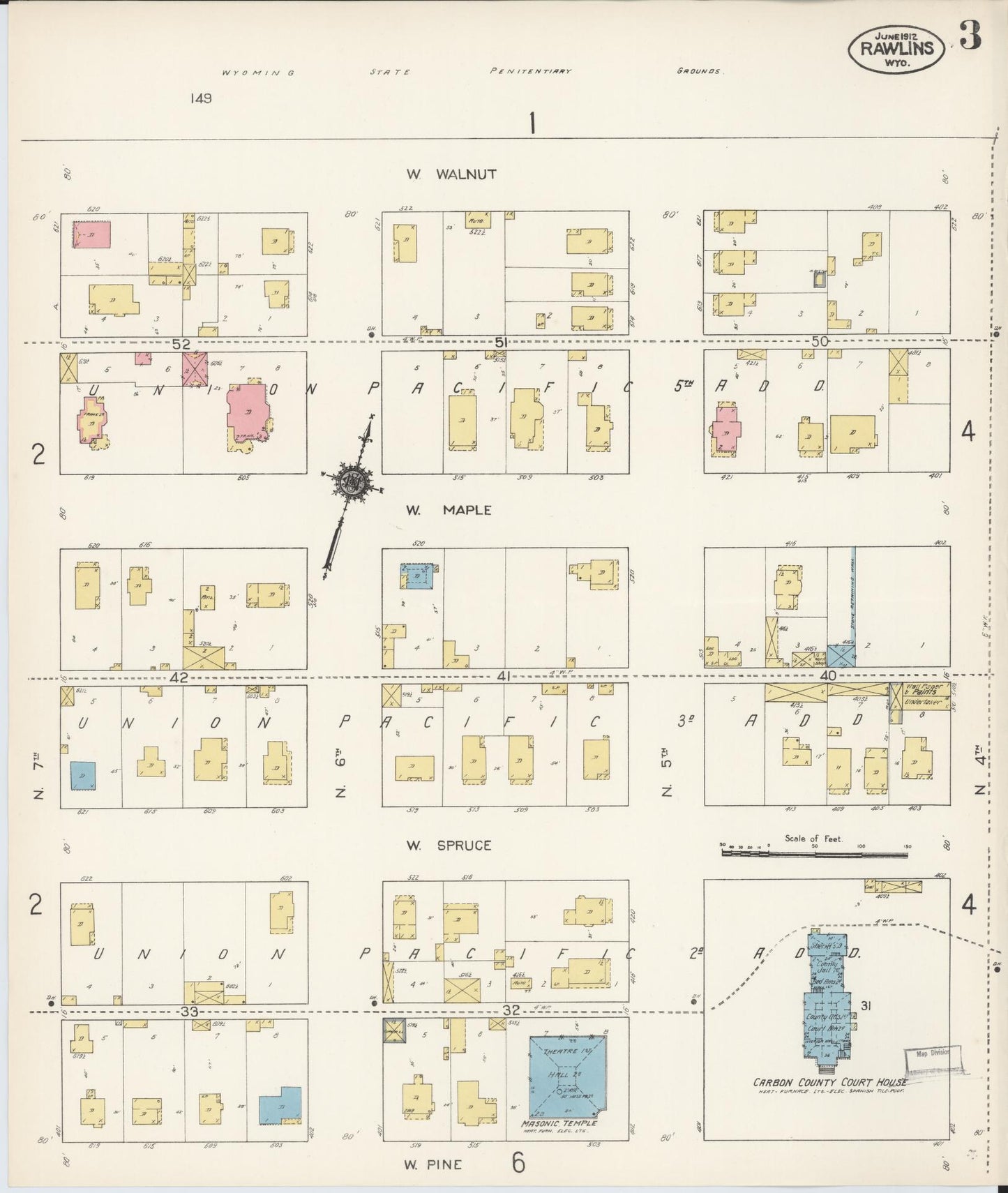 Sanborn Fire Insurance Map from Rawlins, Carbon County, Wyoming (1912), Sheet #0003 - Complete Map Set gallery image, historic Sanborn map, vintage wall art, Wyoming Wyoming