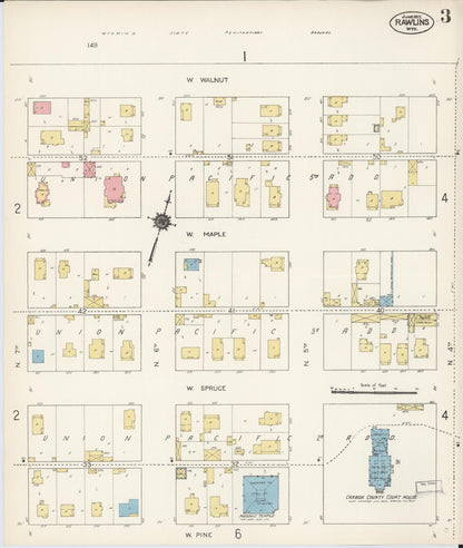 Sanborn Fire Insurance Map from Rawlins, Carbon County, Wyoming (1912), Sheet #0003 - Complete Map Set gallery image, historic Sanborn map, vintage wall art, Wyoming Wyoming