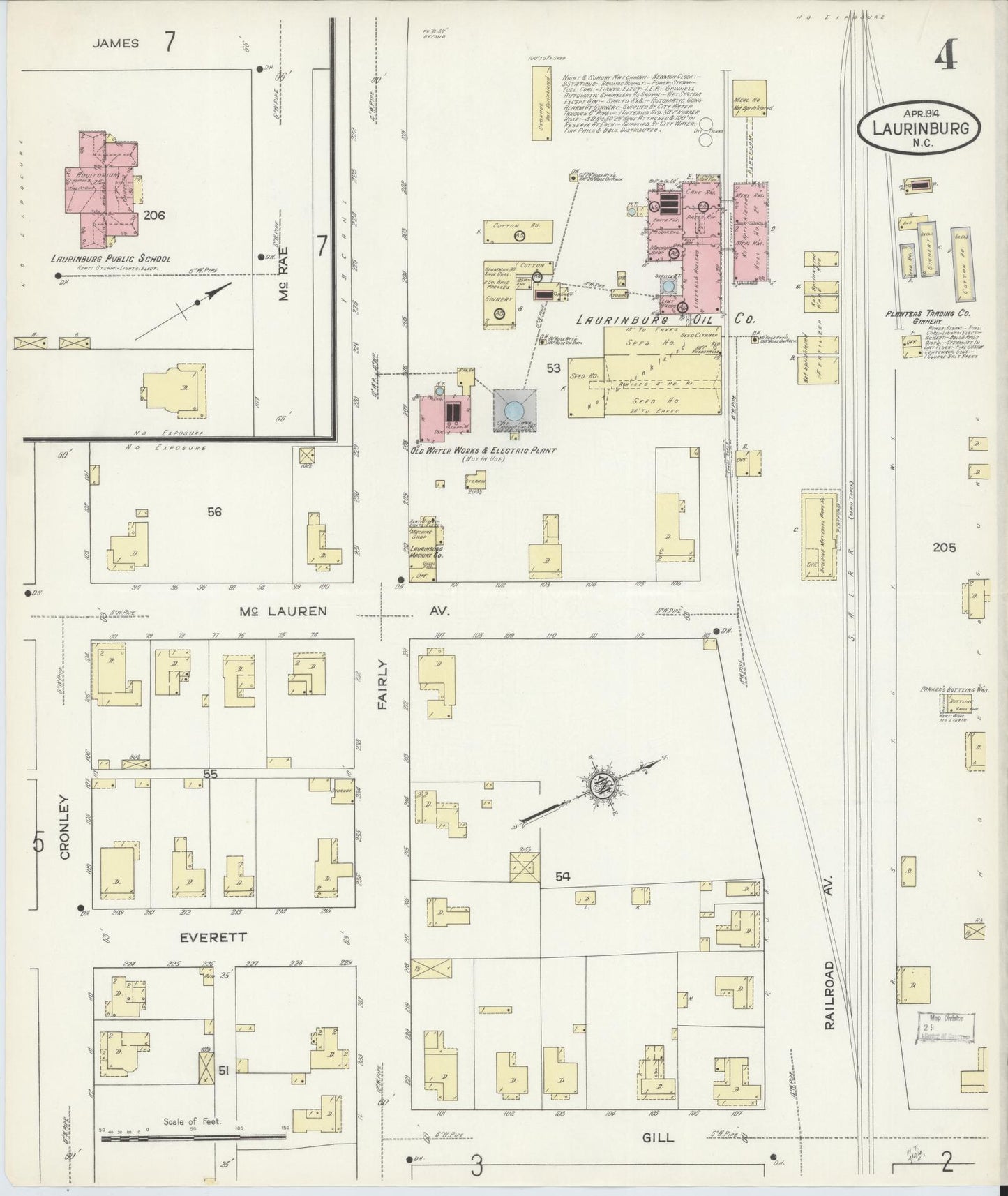 Sanborn Fire Insurance Map from Laurinburg, Scotland County, North Carolina (1914), Sheet #0004 - Complete Map Set gallery image, historic Sanborn map, vintage wall art, North Carolina North Carolina